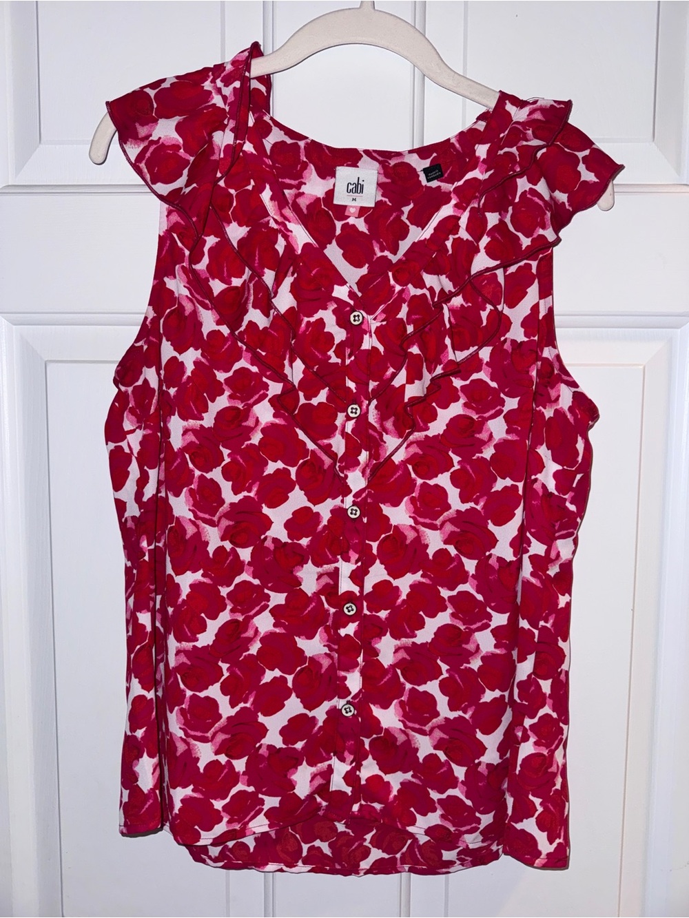 CAbi Red & White Floral Ruffle Button-Front Sleeveless Blouse